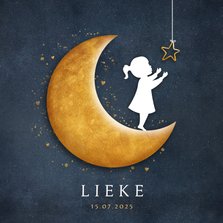 Geboortekaartje met silhouet van een meisje op gouden maan