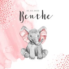 Geboortekaartje olifant waterverf hartjes roze meisje