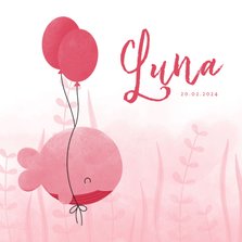 Geboortekaartje roze walvis met ballonnen en waterverf