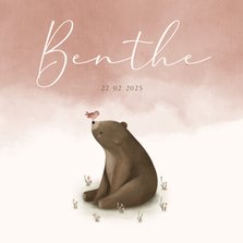 Geboortekaartje roze waterverf met een beer en vogeltje