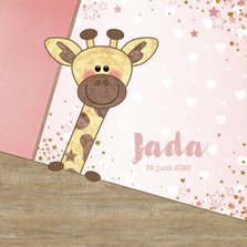 Geboortekaartje stoer kaartje met  lief girafje en hartjes