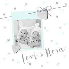 Geboortekaartje tweeling hartjes en foto mint