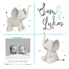 Geboortekaartje tweeling jongens olifantjes hartjes foto