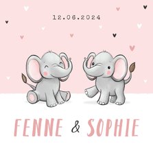Geboortekaartje tweeling meisje olifantjes hartjes roze