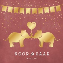 Geboortekaartje tweeling meisjes met 2 gouden olifantjes
