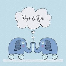 Geboortekaartje tweeling met speelgoed olifantjes en hartjes
