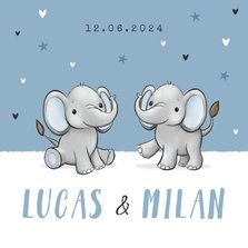 Geboortekaartje tweeling olifantjes blauw jongen sterren