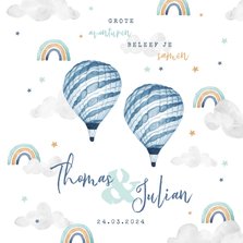 Geboortekaartje tweeling wolkje luchtballon regenboog jongen