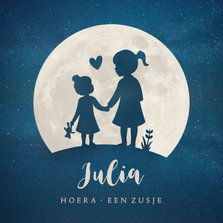 Geboortekaartje zusje - silhouet hand in hand met maan