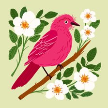 Geïllustreerde wenskaart met roze vogel