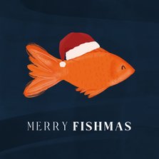 Grappig kerstkaartje Merry Fishmas met vis en kerstmuts