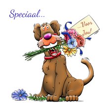 Grappige dierenkaart met leuke hond en diverse bloemen