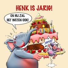 Grappige verjaardagskaart met een olifant en grote taart