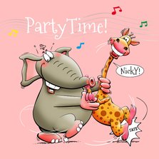 Grappige verjaardagskaart party time met olifant en giraf