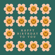 Groovy verjaardagskaartje met retro smiley bloemen