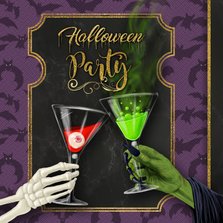 Halloween uitnodiging skelet en heks proosten