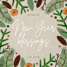 Hippe christelijke nieuwjaarskaart groene takjes op papier