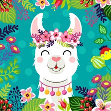 Hippe en vrolijke verjaardagskaart met alpaca en bloemen