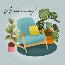 Hippe felicitatiekaart nieuwe woning met planten en stoel