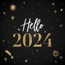 Hippe nieuwjaarskaart Hello 2024 met vuurwerk en sterren
