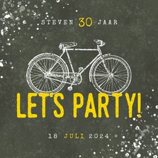 Hippe uitnodiging 30 jaar met fiets, Let's Party en spetters