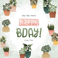 Hippe verjaardagskaart met plantjes, hartjes Happy Bday!