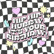 Hippe verjaardagskaart typografie, blokjes en hartjes