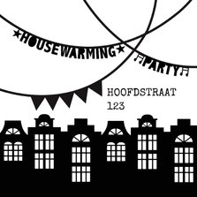Housewarming party uitnodiging zwartwit slingers huisjes