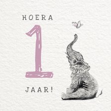 Illustratie kaartje met Olifant - Hoera 1 jaar