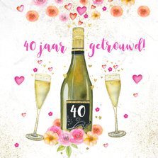 Jubileumkaart champagne en aquarelbloemen 
