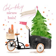 Kerst verhuiskaart bakfiets met kerstboom en sterren