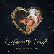 Kerstkaart foto in hart van sparkles liefdevolle kerst