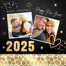 Kerstkaart foto panterprint sterren confetti goudlook 2025