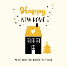 Kerstkaart happy new home met goudkleur accenten 