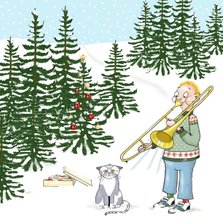 Kerstkaart jongen met trombone en kat