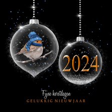 Kerstkaart kerstballen zilver roodborst met foto