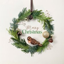 Kerstkaart 'Merry Christmas' kerstkrans met vogeltje