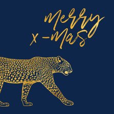 Kerstkaart merry x-mas met gouden luipaard