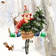 Kerstkaart Met de boom op de fiets
