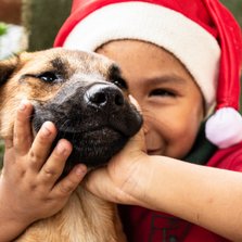 Kerstkaart met een kind met een kerstmuts en een hondje aait