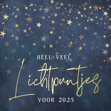 Kerstkaart met gouden sterren veel lichtpuntjes voor 2025