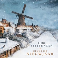 Kerstkaart met Hollands winterlandschap en molen in sneeuw