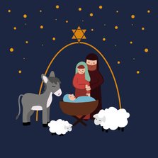 Kerstkaart met illustratie Jozef Maria Jezus in de stal