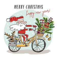 Kerstkaart met kerstman en rendier op fiets
