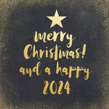 Kerstkaart met zwarte achtergrond en gouden letters
