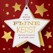 Kerstkaart ster label rood goud sterren fijne kerst