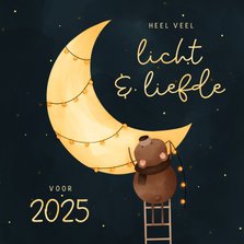 Kerstkaart veel licht & liefde voor 2025 maan met beertje