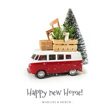 Kerstkaart verhuizen met Volkswagen busje en spullen op dak