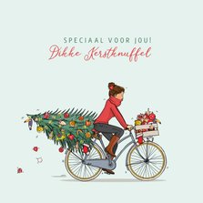 Kerstkaart vrouw met fiets kerstboom