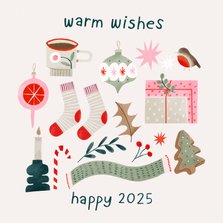 Kerstkaart warm wishes en vrolijke kerst illustraties 